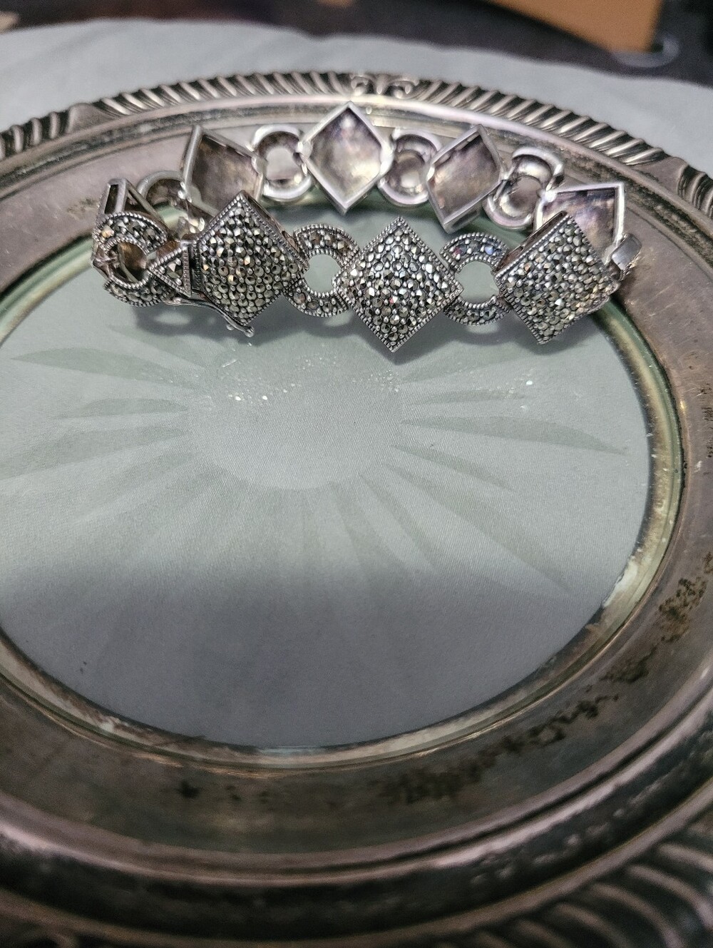 Sterling Silver Marcasite Square Link Bracelet - Women Jewelry